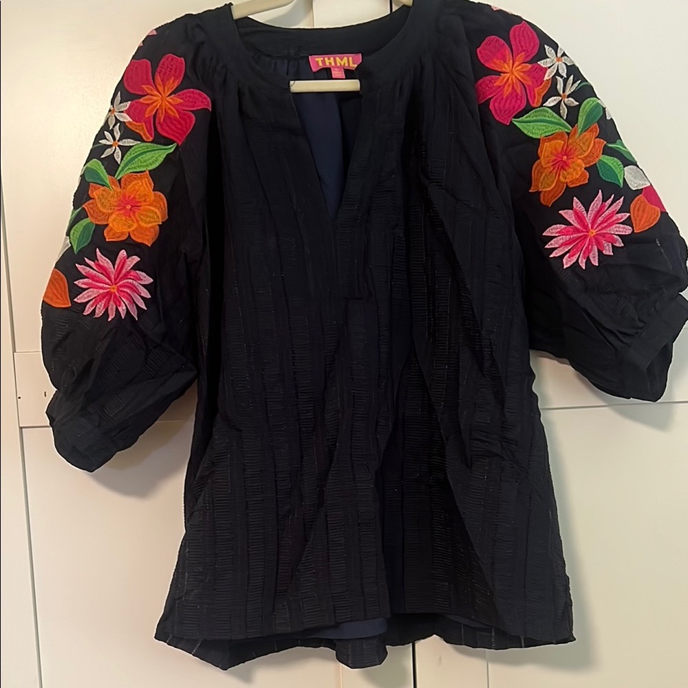 THML Navy Boxy Embellished Blouse